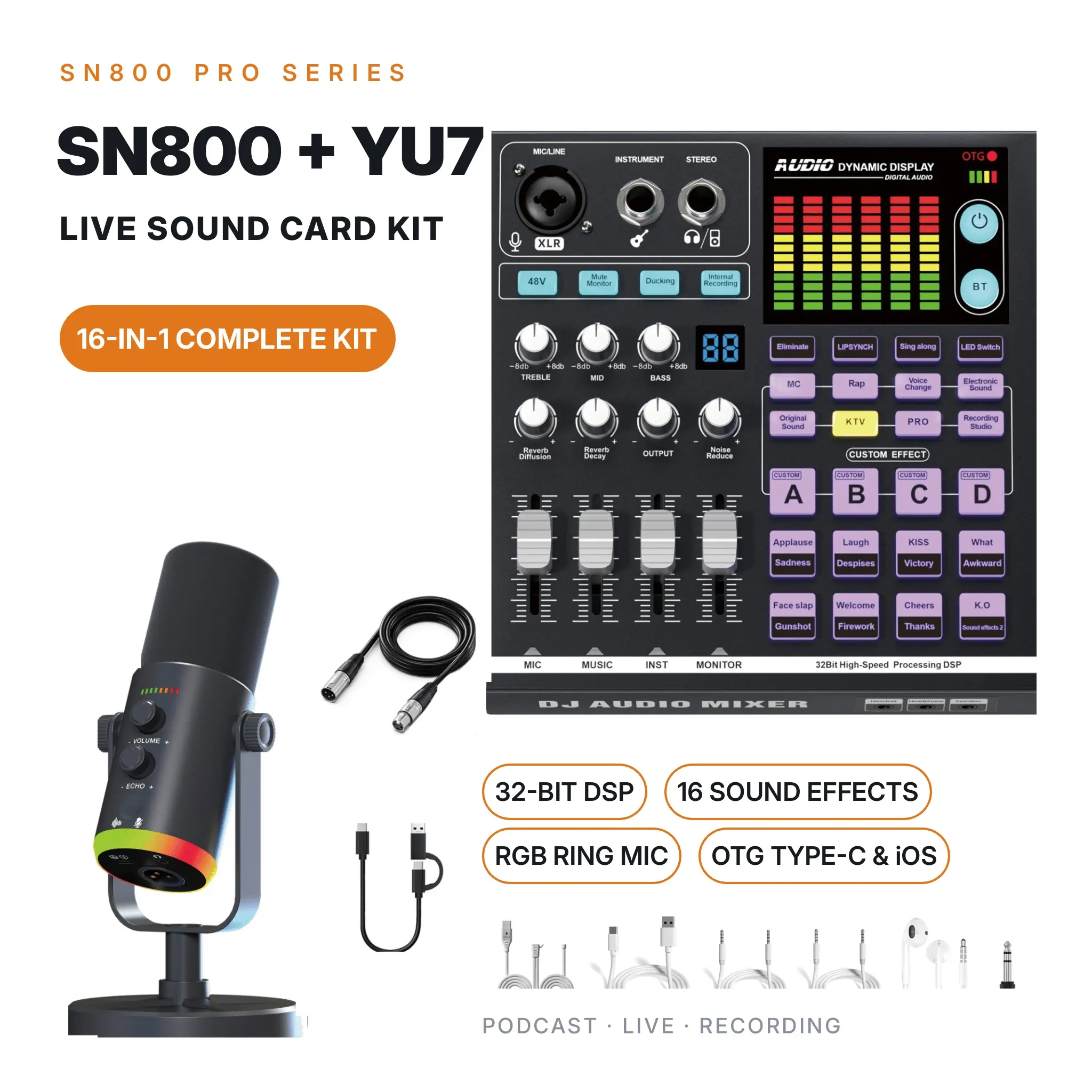 SN800+YU7 Live Sound Card Microphone Bundle, DJ Audio Mixer with 48V Phantom Power, OTG (Type-c & IOS) Audio Interface, Podcast Recording Streaming Vlogging Gaming Kit Cable Bluetooth
