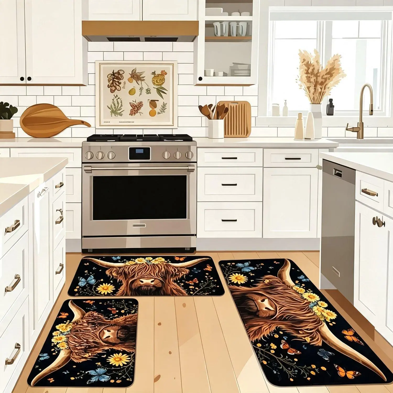 2D Flat 1pcs of Highland Cow Kitchen Mats, Nordic Style Spring Sunflower and Butterfly Mats, Floral Spring Mats, Soft Flannel Suitable for Bathroom, Entryway, Laundry Room