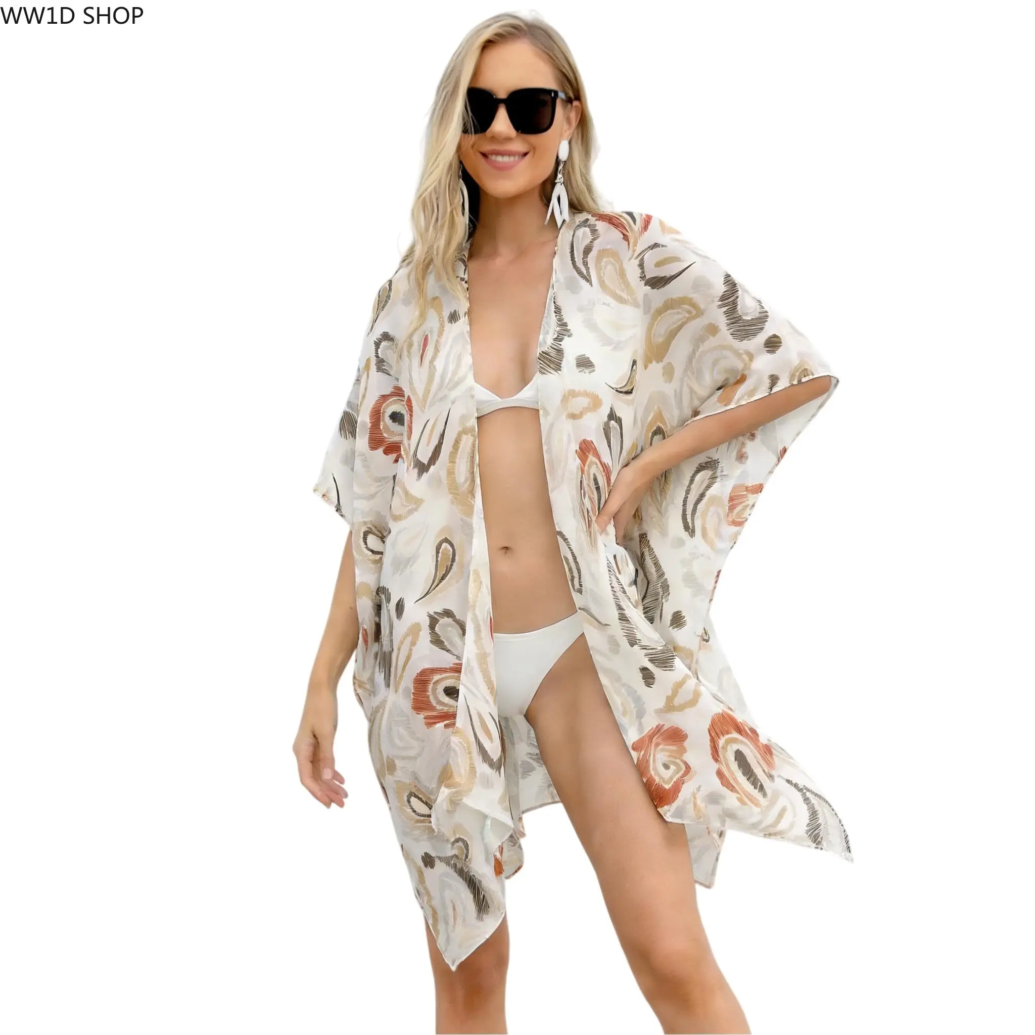Women's Sheer Floral Kimono Cardigan, Lightweight Bohemian Cover Up, Casual Dress Cover Up for Swimsuits, Beachwear Cover Up, Casual Cover Up