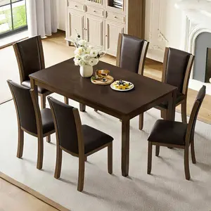 【Bellemave】Modern 7-Piece Dining Table Set with 6 Upholstered Chairs, Wooden Rectangular Dining Table Set for 6 with Chairs, for Dining Room, Kitchen, Restaurant, Walnut