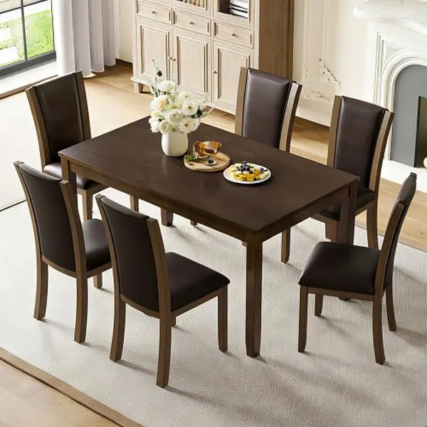 【Bellemave】Modern 7-Piece Dining Table Set with 6 Upholstered Chairs, Wooden Rectangular Dining Table Set for 6 with Chairs, for Dining Room, Kitchen, Restaurant, Walnut