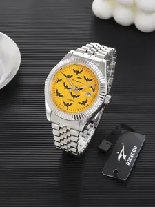 RICECGO Men's Quartz Analog Watch: Eye-catching yellow-based black bat-patterned dial + serrated bezel. Full stainless steel bracelet with rugged texture. Bold and eye-catching, perfect for the festive season.