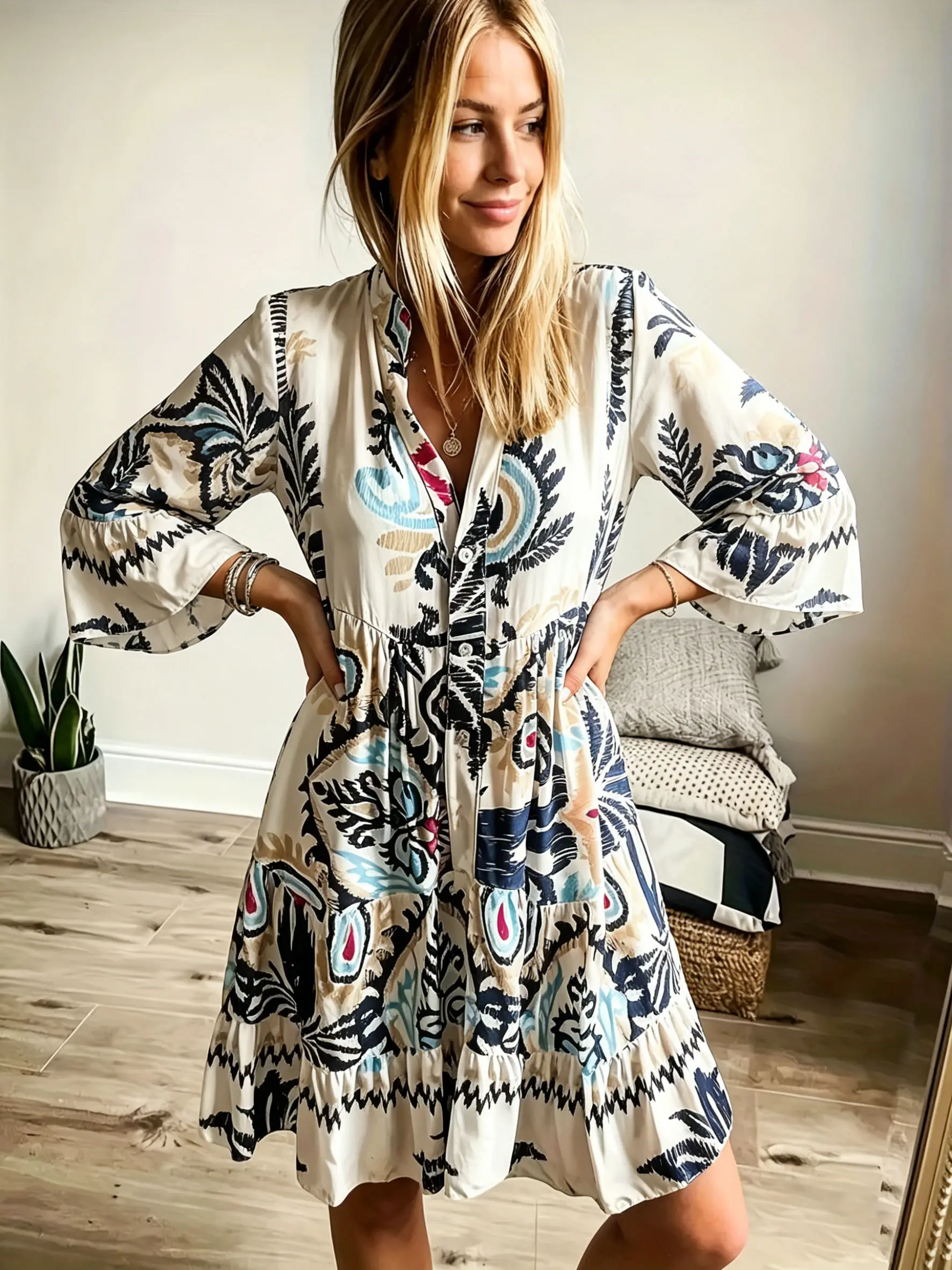 Elegant women's dress, Leopard/ Boho Paisley Print V-neck flare sleeve  shirt dress, button-up Tiered A-Line flowing mini dress, daily casual/ party/ vacation dress, spring and summer women's wear Style Chic Bohemian