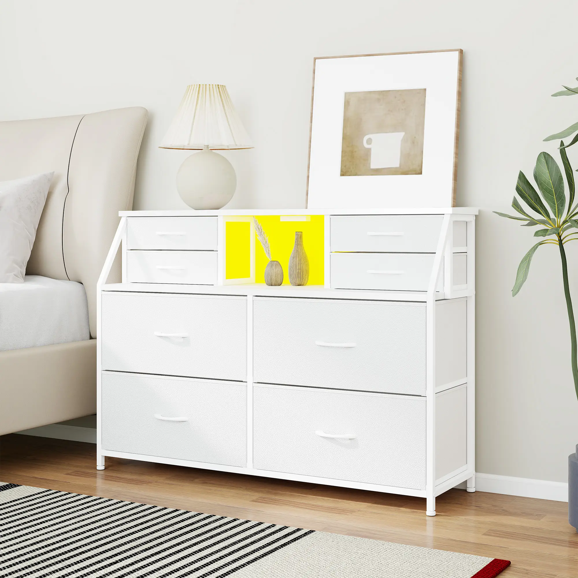 【Storage Hack】Raybee 30‘’H 8 Drawer Dresser for Dorm & Attic,Dresser with Built-In Charging Station and LED, Sturdy Chest of Drawers with Two Open She