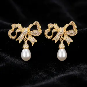Dear Yesterday Vintage Bow Pearl Earrings, Bowknot Teardrop Pearl Dangle, Elegant Coquette Aesthetic Jewelry Gift