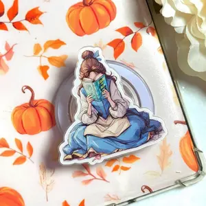 Bookish Girl Phone Grip Accessory, Aesthetic Reader Gift for Book Lovers, Hand Drawn Bookworm Phone Holder, Vintage Library Theme Phone Stand, Cozy Reading Nook Design for Bookish Community.