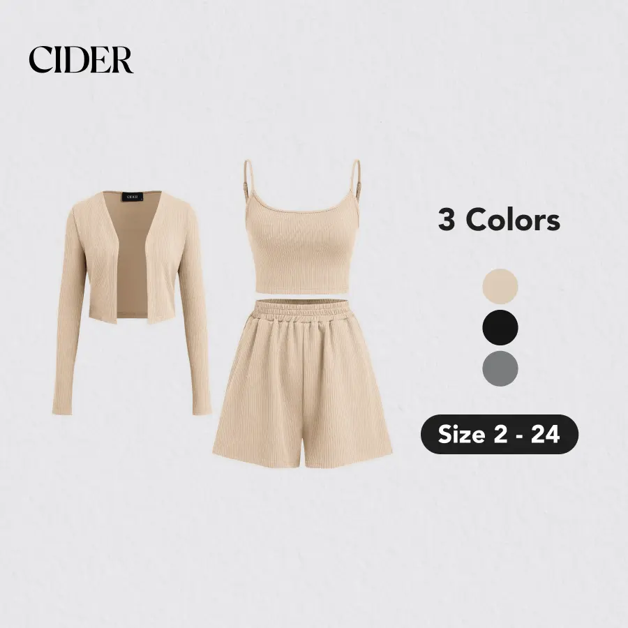 Cider [3 colors, size 2-24] Round Neck Solid Cami Top & Straight Leg Shorts & Cardigan SohoChic