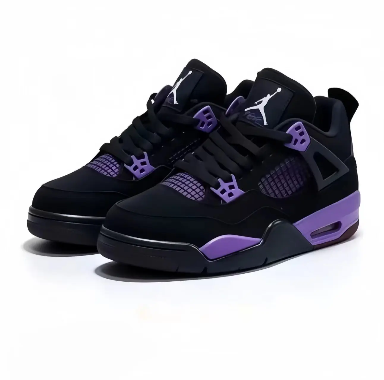 Bold black high-top sneakers featuring breathable mesh panels and vibrant purple accents. Retro basketball silhouette with visible air cushioning and grey detailing for all-day comfort.
