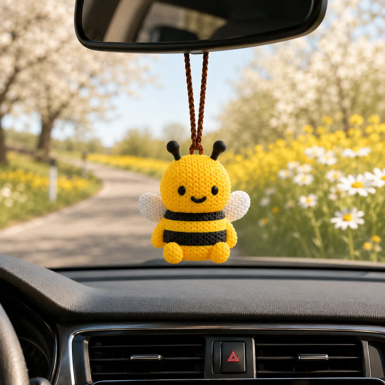 Bee Car Hanging Ornament, 3D Printed Knit Texture Rearview Mirror Decoration, Cute Bumblebee Car Interior Decor Gift for Drivers, Bee Lovers, Friends and Coworkers