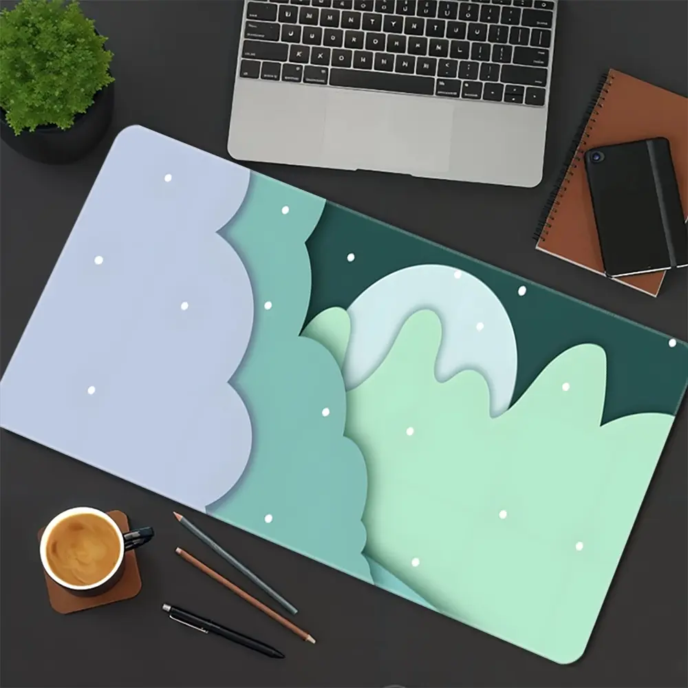 Green Gradient Clouds Sky Mouse Pad for Desk with Fantastic Full Moon Rubber Gaming Mouse Pads Cute White Falling Snowflake Scene Simple Design Surface Mats HD Print for Office Decorative Accessories