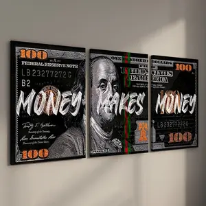 3 Counts/set Wooden Framed Money Makes Money Canvas Posters, Money Wall Art, Inspirational Dollar Bill Pop Art, Modern Home Decor, Wall Decor Living Room, Bedroom, Gift for Friends and Family, Waterproof Canvas, Wall Decor, Ready To Hang