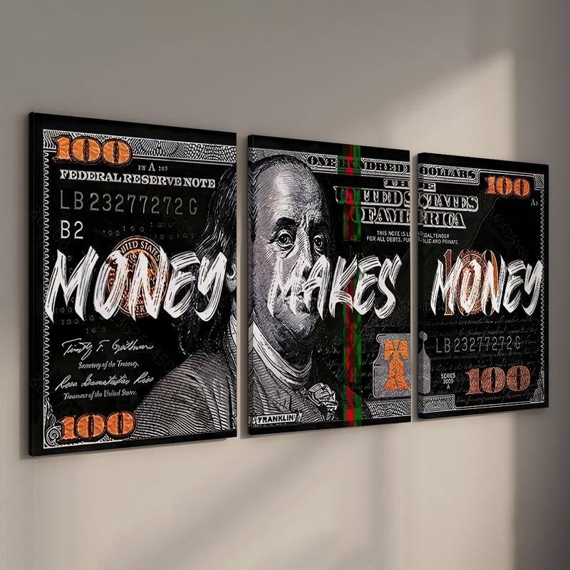 3 Counts/set Wooden Framed Money Makes Money Canvas Posters, Money Wall Art, Inspirational Dollar Bill Pop Art, Modern Home Decor, Wall Decor Living Room, Bedroom, Gift for Friends and Family, Waterproof Canvas, Wall Decor, Ready To Hang