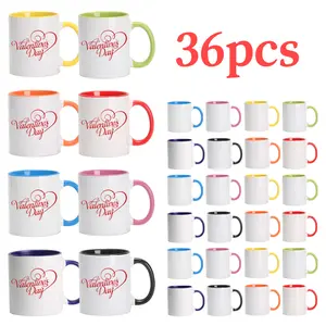 36-Pack 11oz Sublimation Coffee Mugs, Bulk White Ceramic Blank Mugs with Colored Rims & Handles (8 Colors: Red, Pink, Blue, Yellow, Green, Orange, Navy, Black) for Heat Transfer, Wedding Favors
