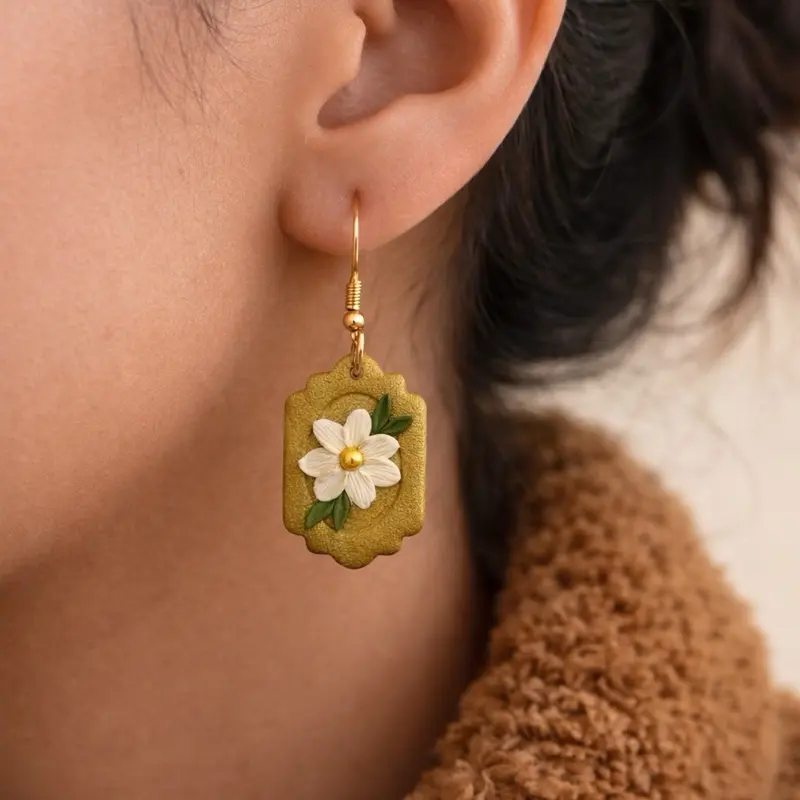 Ivory Flower Dangle Earrings with Gold Hook and White Petals for Elegant Outfits