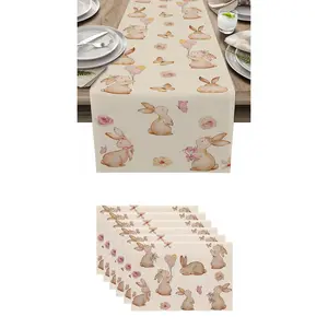 7-Piece Easter Table Runner Set, Bunny Egg Placemats & Pillowcases, Spring Home Decor, Kitchen Dining Room Decoration