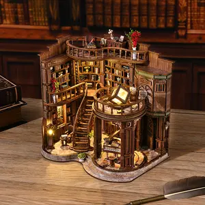 LED Lighted 3D Wooden DIY Miniature Dreamy Book Hall Kit, Creative Building Blocks, Book Nook Puzzle Dollhouse Set, Desk & Home Decoration, Birthday Gift for Teens