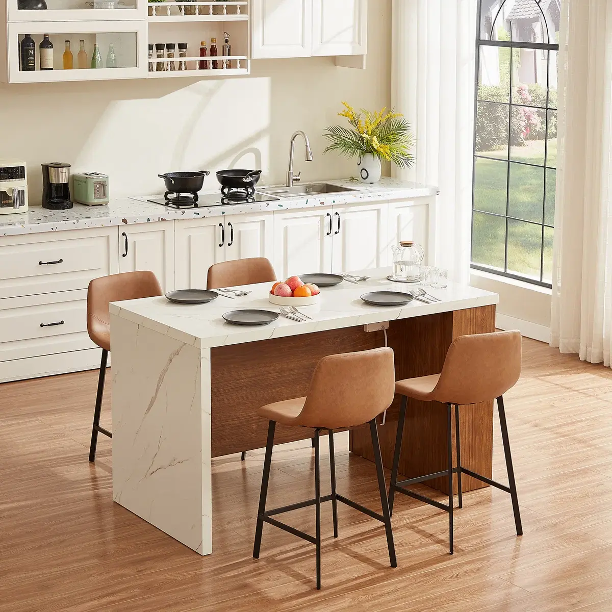 【SummerFinds】ONBRILL 61"x31" Large Wood Top Kitchen Island Table, Whole Board Tabletop, Storage Space, Power Outlet, LED Lights, Easy Setup Modern Imitation Marble Counter Height Dining Room Table for 4