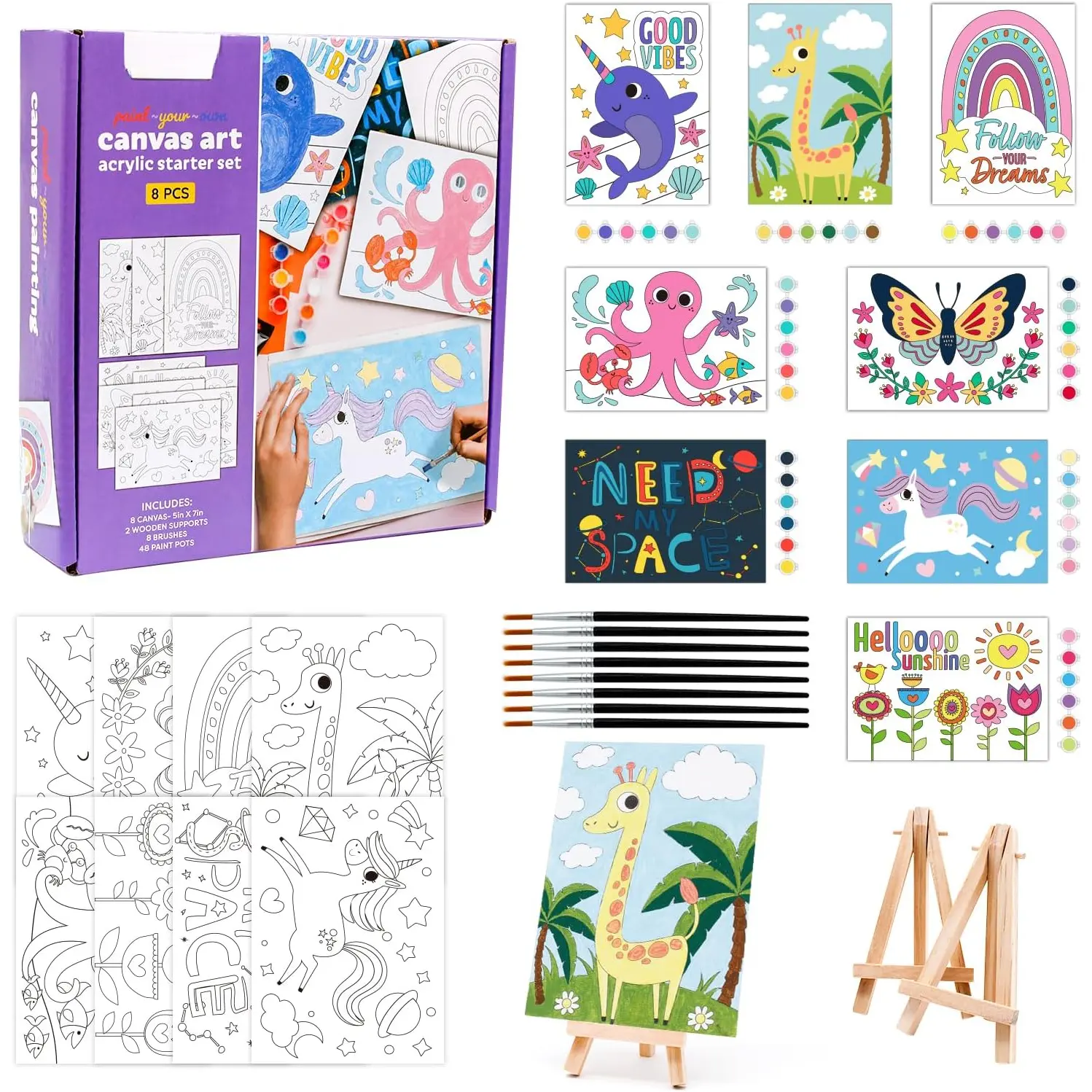 8 Packs 5x7 Pre Drawn Canvas Set, by Numbers for ,48 Paints 8 Brushes 2 Easels,Pre-Printed  Oil Painting Kit Ages 8-12 9-12 4-8