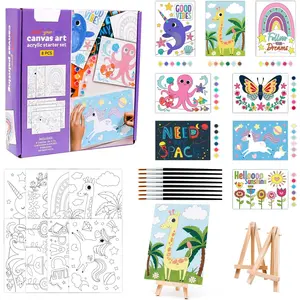 8 Packs 5x7 Pre Drawn Canvas Set, by Numbers for ,48 Paints 8 Brushes 2 Easels,Pre-Printed  Oil Painting Kit Ages 8-12 9-12 4-8