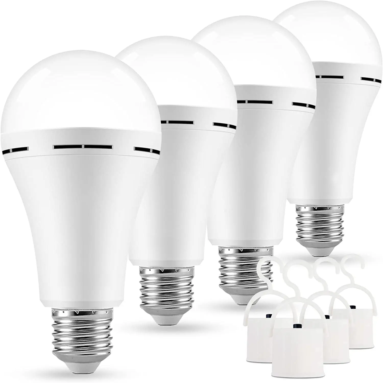 4-Pack 12W Rechargeable E26/E27 Base LED Light Bulbs Complete Package - Waterproof, Outdoor-Ready Energy Saver, Emergency Light for Power Outages, Home & Camping Portable Flashlight with Batteries