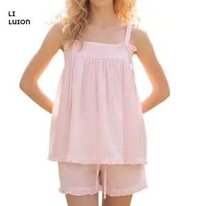 Women Cute Plaid Pajamas Sets Y2K Bow Front Sleeveless Babydoll Cami Top Ruffle Shorts Loose Fit Lounge Sleepwear