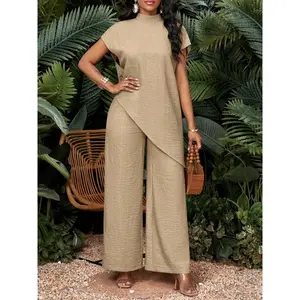 Women's Vacation Casual Solid Color Asymmetrical Hem Top and Pants Two-Piece Set, Autumn Clothing Summer Outfit Lounge Set matching sets women 2 piece Oversized Skirt satin Ribbed Knit Striped Crew Neck Sweatshirt Backless Yoga Bra Hip Lifting Shorts Long