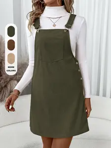 Women's Autumn Winter Casual Corduroy Apron Dress, Loose Fit, Sleeveless, Adjustable Strap, Pockets, Home Wear, Outdoor, City Style