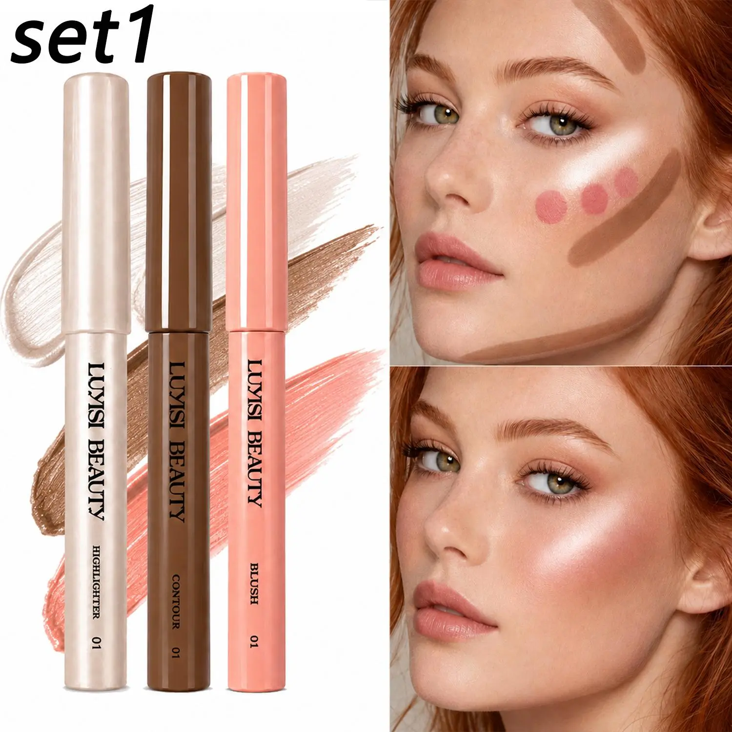 3pcs/Set Face Makeup Pen,Contour+Blush+Highlighter,Waterproof,Buildable Coverage,Velvet Matte&Pearl Glow-Nourishing,All Day Wear