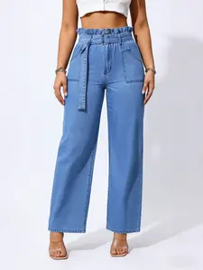 Women's Straight Leg Jeans with Belted Waist Pockets, chambray pants women,Casual Fashion, Perfect for Daily Wear & Commuting, All Seasons, Everyday, Fit