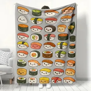 Cute Smiley Sushi Pattern Blanket Food Print Soft Cozy Warm Flannel Throw Blanket for Sofa Bed Foodie Home Decor Kawaii Gift Suitable for beds and sofas can also be given as a gift