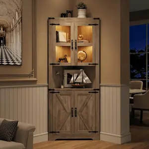 Farmhouse Corner Cabinet with LED Lights - 67" Tall Glass Door Storage with Adjustable Shelves, for Kitchen/Living Room/Bathroom (Grey)