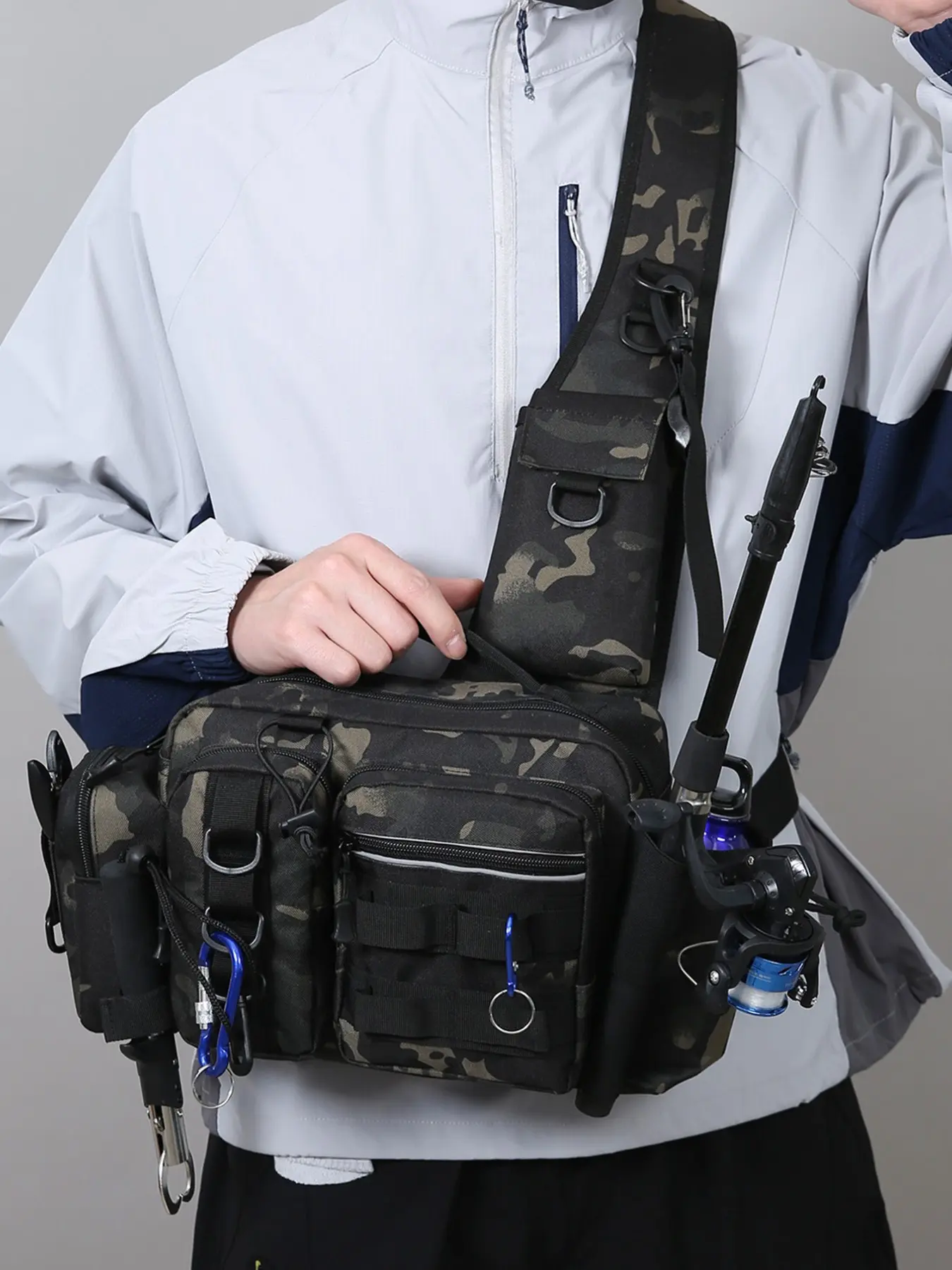 Outdoor Multi-Functional Fishing Backpack, Messenger Bag with Adjustable Strap, Camouflage Lace-Up Detail, Ideal for Fishing, Hiking, Camping, Multifunctional Crossbody Bag, Adjustable Shoulder Bag, Multifunctional Sling Bag, Casual Crossbody Bag