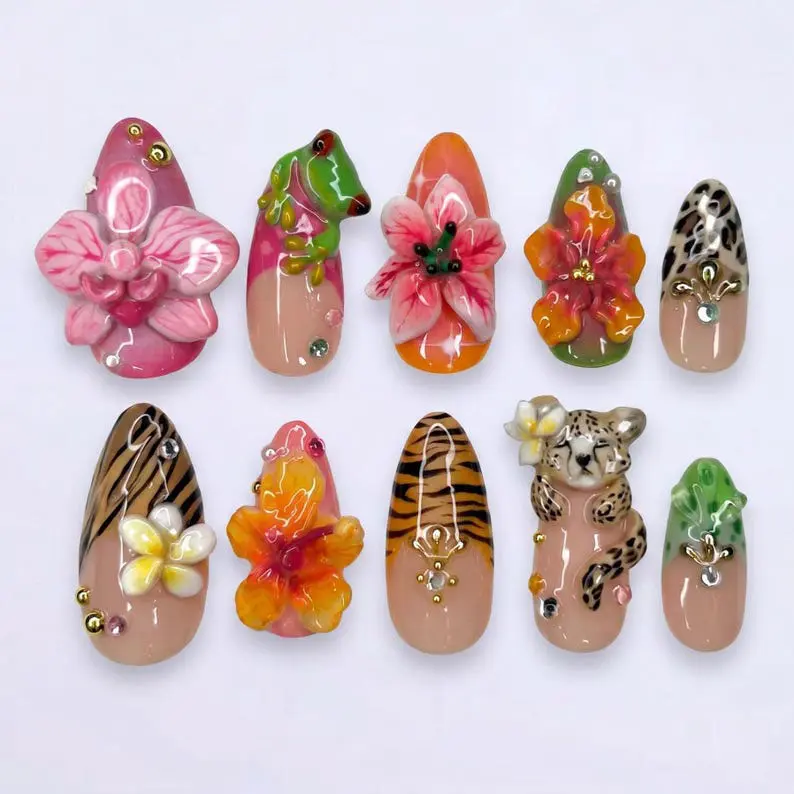 Mismatched 3D Kawaii Safari Press On Nails – Cheetah Cub & Frog Tropical Rainforest Animal Maximalist Art | Handmade Almond Fake Nails Set