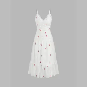 Cider [size 0-26] V-neck Floral Bowknot Embroidery Lettuce Trim Pearl Ruffle Maxi Dress