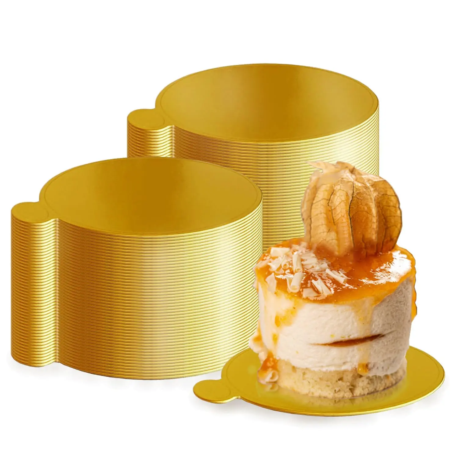 Mini Round Golden Flan Cake Boards 50pcs Mousse Cupcake Glossy Base Paper Plates Circle Dessert Board (Gold 3.5inch) Disposable Baking Supplies Bakeware