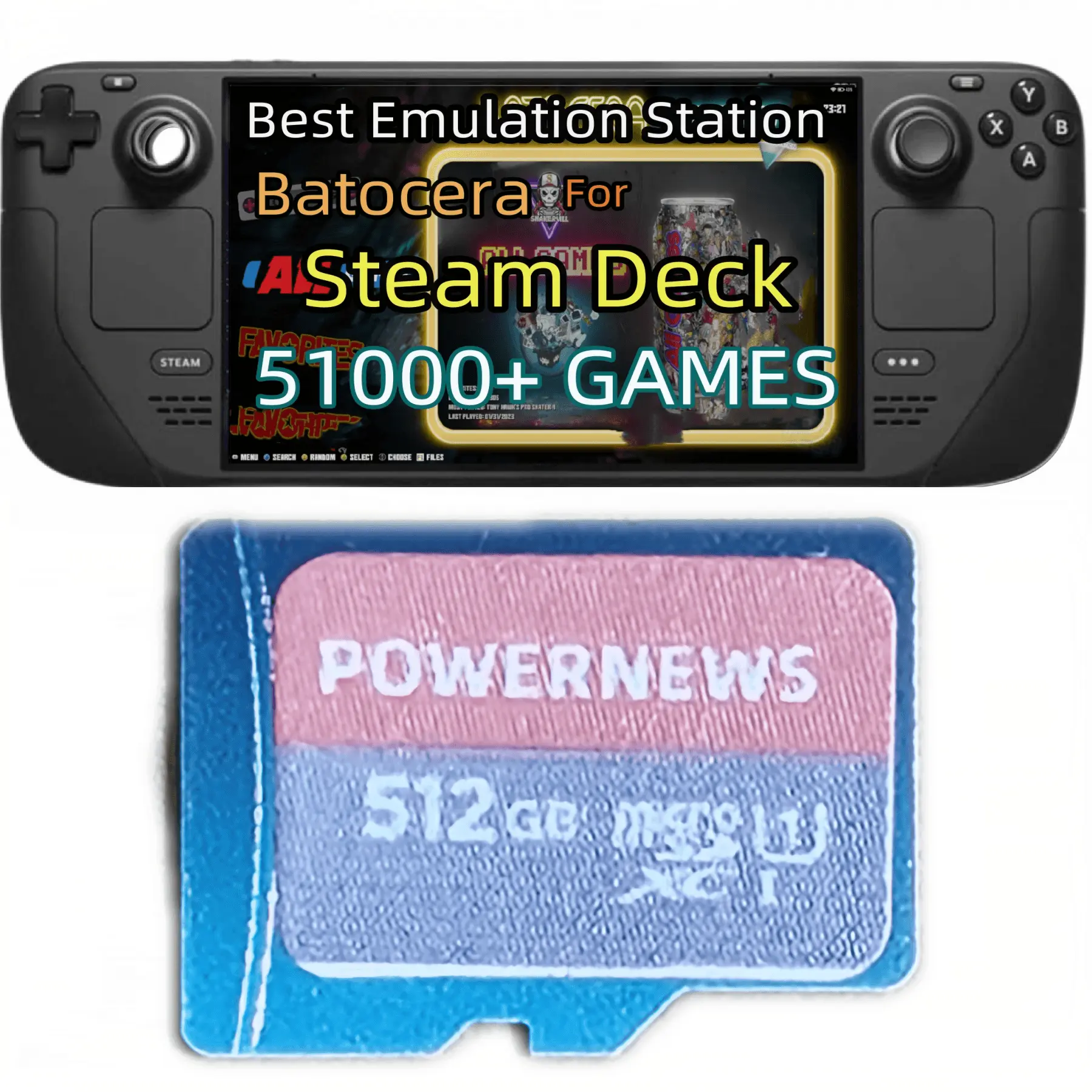 POWERNEWS 512GB Micro SD Card Retro Game Card for Steam Deck Supported OLED Version, Included Retro Games and Emulator Console, Batocera Game System Compatible with Retro Game, Retro Game Card for Steam Deck Plug Accessories Memory