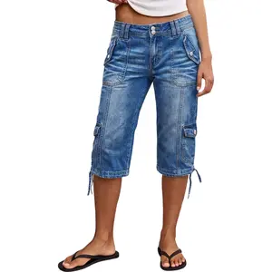 Flamingals Wash Flap Pocket Drawstring Hem Mid Waist Straight Leg Capri Jeans Womenswear Stretchy 16.9" Inseam