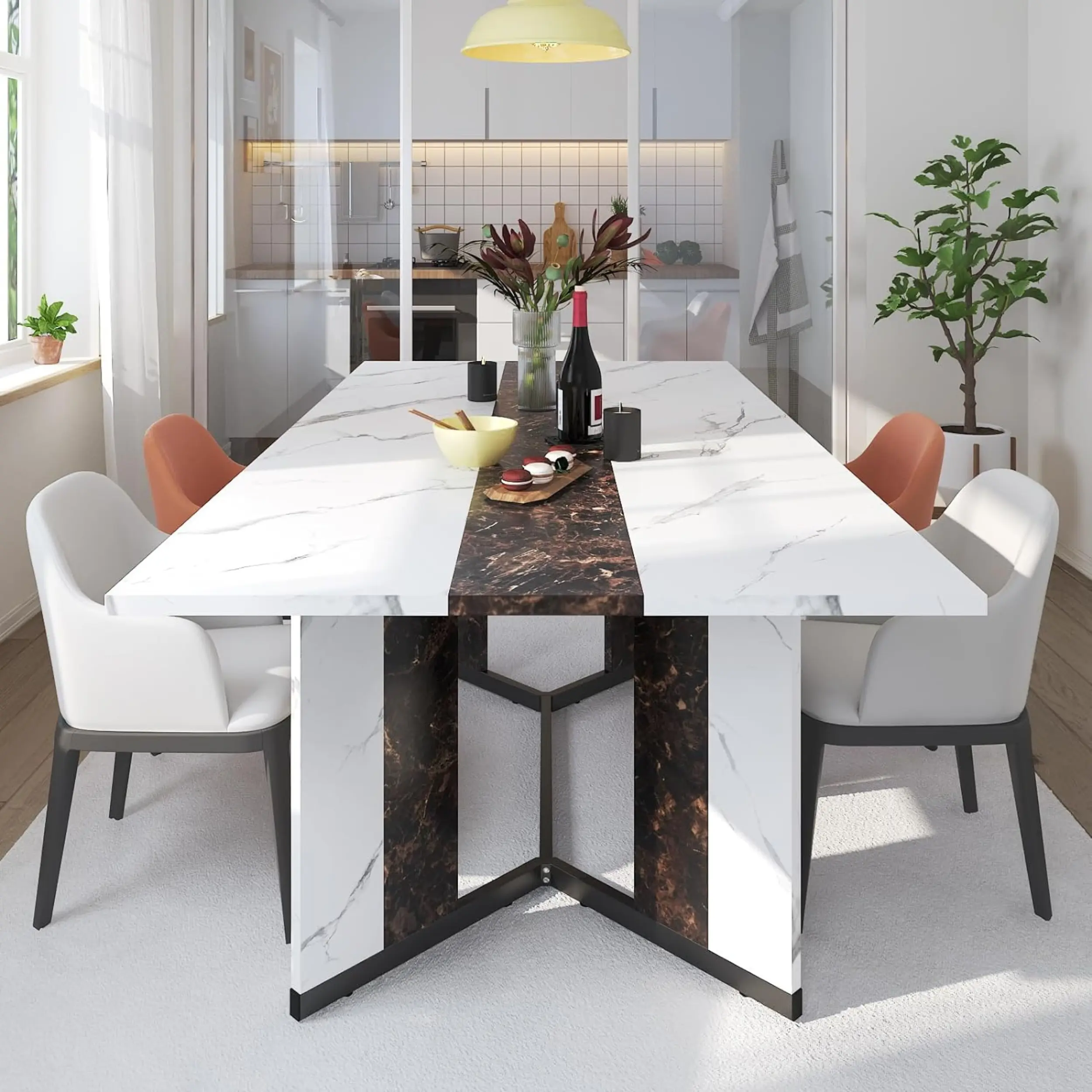 71In Large Rectangular White Dining Table for 4 5 6 7 8 People w/35 Marble-Color Wood Watrproof Tabletop,Adjustable Leg.6ft Luxurious Family Dinner Table for Office Kitchen Living Room dinner table