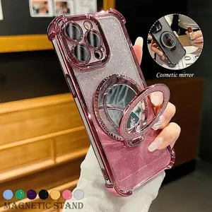 For iPhone 17 16 Pro Max Plus 15 14 13 12 11 Pro Max Glitter Make up Mirror Holder Magnetic Kickstand Case Magnetic For MagSafe Bling-Diamond Pretty Cover Women Girls
