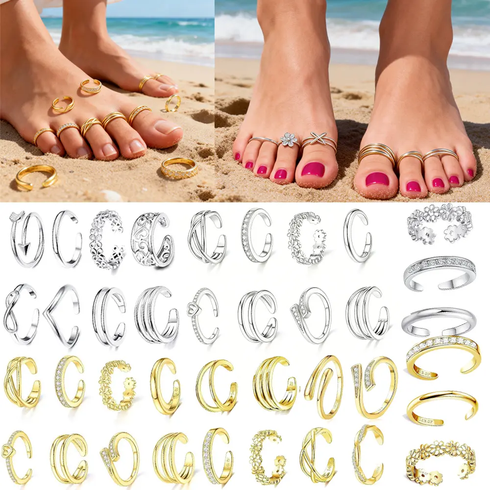 Female Adjustable 14 Karat Gold Plated/925 Silver Plated Toe Rings Set - 3/6/12 Pcs Bohemian Body Jewelry, Open Stackable Beachwear Pieces Inlaid with Cubic Zirconia, Flower/Heart Hollow Gold Toe Rings for Summer Vacation, Adjustable Size