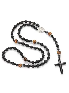 Black matte beaded necklace, yellow tiger's eye volcanic stone human figure cross pendant necklace, black matte cross necklace