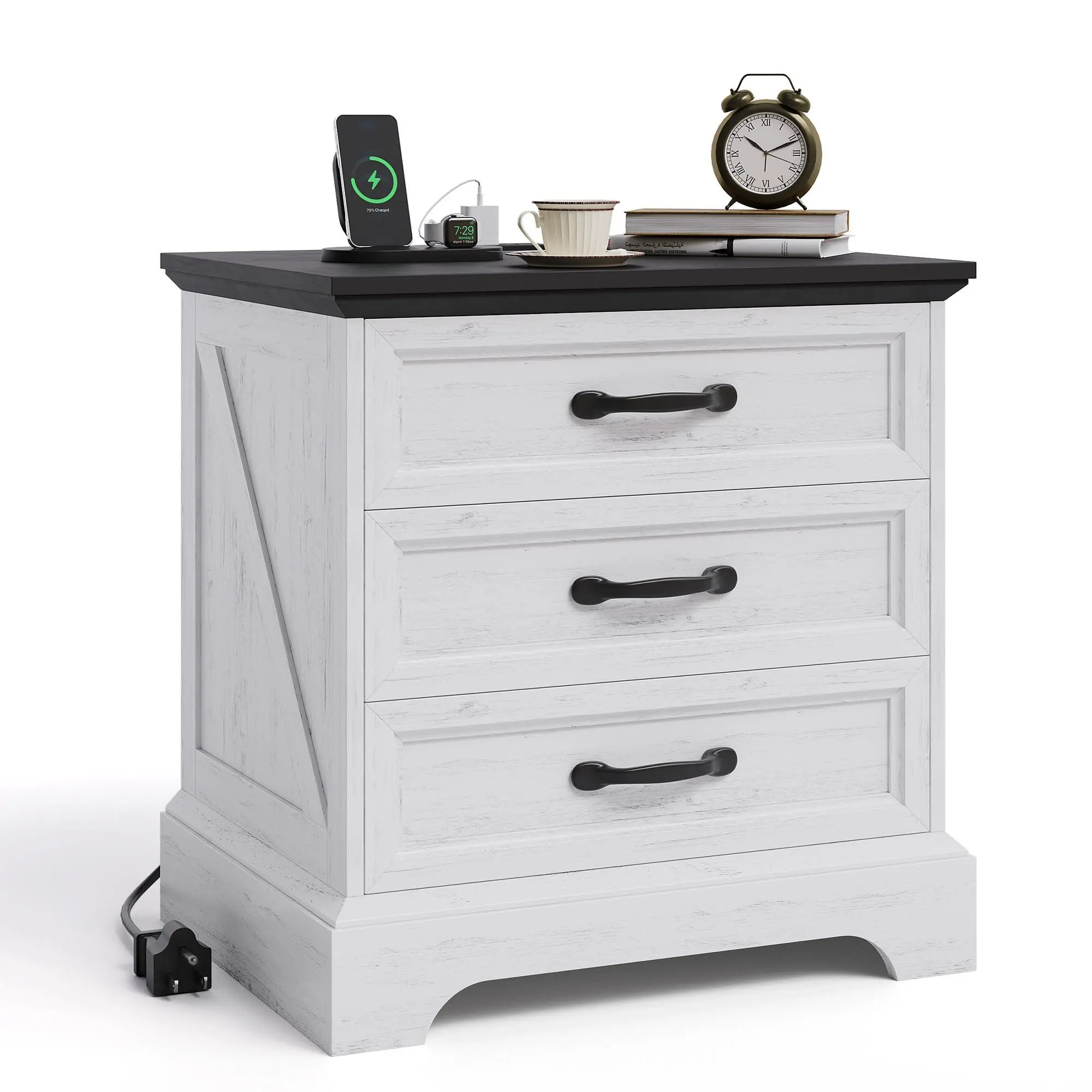 White 24-Inch Wide Modern Farmhouse Rustic Wood Frame Rectangular Nightstand - Compact Side Table with Charging Station, 3 Large Drawers, Dual AC Outlets, Easy Assembly for Small Bedroom Spaces