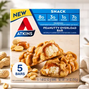 Atkins Peanutty Overload Flavor Nutrition Protein Snack Bar, High in Fiber, 2g Sugar, 5-Count