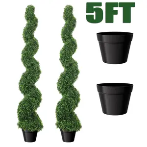 5FT Faux Spiral Boxwood Topiary Tree, 2PCS Artificial Outdoor Plant, Front Porch Decor with Durable Pot, All-Year Green Artificial Tree for Permanent Front Porch and Patio Decor