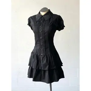 2000s Goth Slim Womens Dresses Punk Y2k Vintage Lace Short Sleeve Mini skirt Streetwear  Aesthetics Harajuku Polo Hot Girl 2000s Dress Casual Womenswear