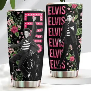 Elvis Presley Pink Floral Retro 20oz Tumbler, Stainless Steel Curved Cup, Rock n Roll Lover Gift