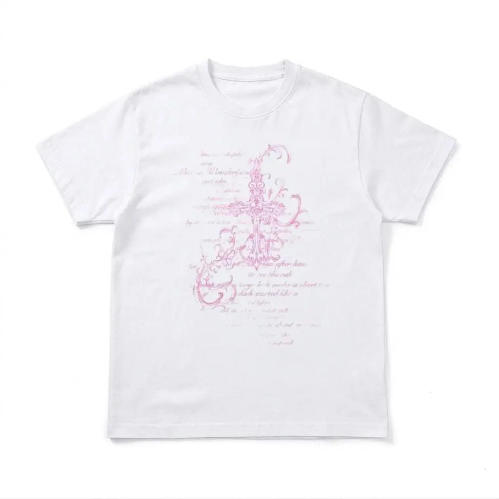 Wonderland Pink Cross Tee - White Gothic Calligraphy Shirt