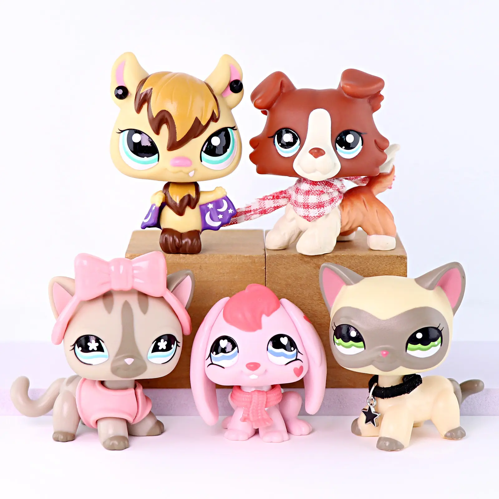 5 Pcs mixed Mini Pet Figurines Set, Cartoon Squirrel, Collie Dog, Short Hair Cat, Pink Bunny Mini Figures with Bandana, Scarf, Bow, Star Pendant & Moon Cape Accessories, Collectible Small Animal Statues, Girls Birthday Pretend Play Gift
