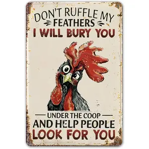 8x12 in Vintage Metal Tin Rooster Sign, Funny "Don't Ruffle My Feathers" Quote, Bird-Themed Farmhouse Rustic Home Decor Sign for Chicken Lovers, Bird-Themed Home Signs, Farmhouse Home Signs