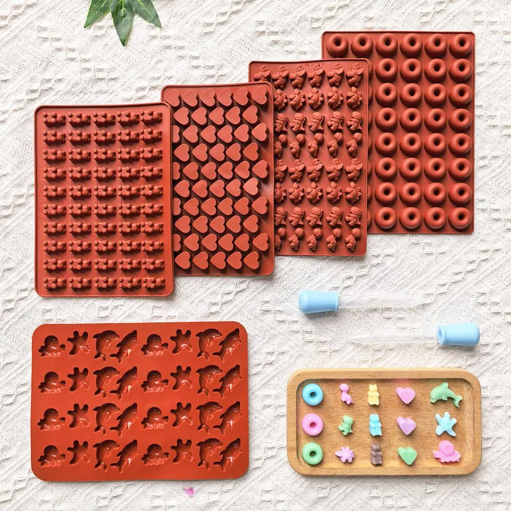 Silicone Candy Mold Set, 7pcs Including 5pcs Cute Animal Shaped Candy Mold and 2 Droppers, DIY Reusable Chocolate Mold Baking Supplies for Home Kitchen Baking House, Silicone Molds
